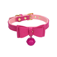 HKM-0018493 Gold Double Layer Bowknot Hanging Bell Pet Collar, Comfortable Suede and PU Material, Adjustable Neck Sizes