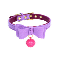 HKM-0018493 Gold Double Layer Bowknot Hanging Bell Pet Collar, Comfortable Suede and PU Material, Adjustable Neck Sizes