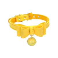 HKM-0018493 Gold Double Layer Bowknot Hanging Bell Pet Collar, Comfortable Suede and PU Material, Adjustable Neck Sizes