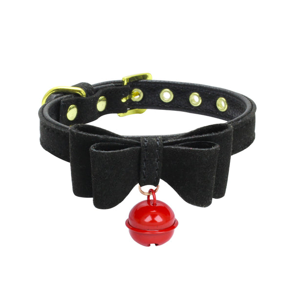 HKM-0018493 Gold Double Layer Bowknot Hanging Bell Pet Collar, Comfortable Suede and PU Material, Adjustable Neck Sizes
