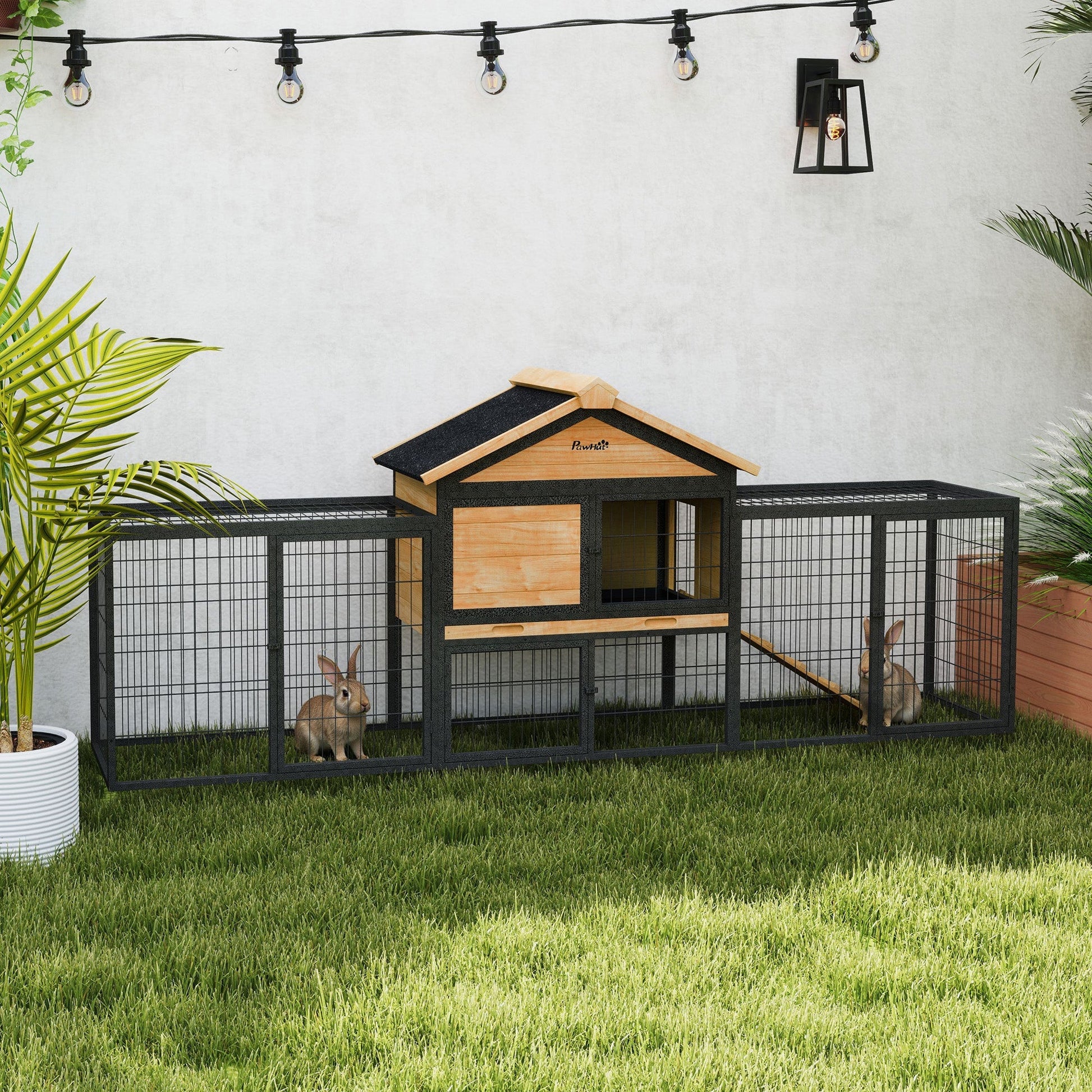 HKM-0031677 Large Outdoor Rabbit Hutch with Steel Run, Removable Tray, Asphalt Roof and Ramp, 85" Spacious Cage for 2-3 Rabbits
