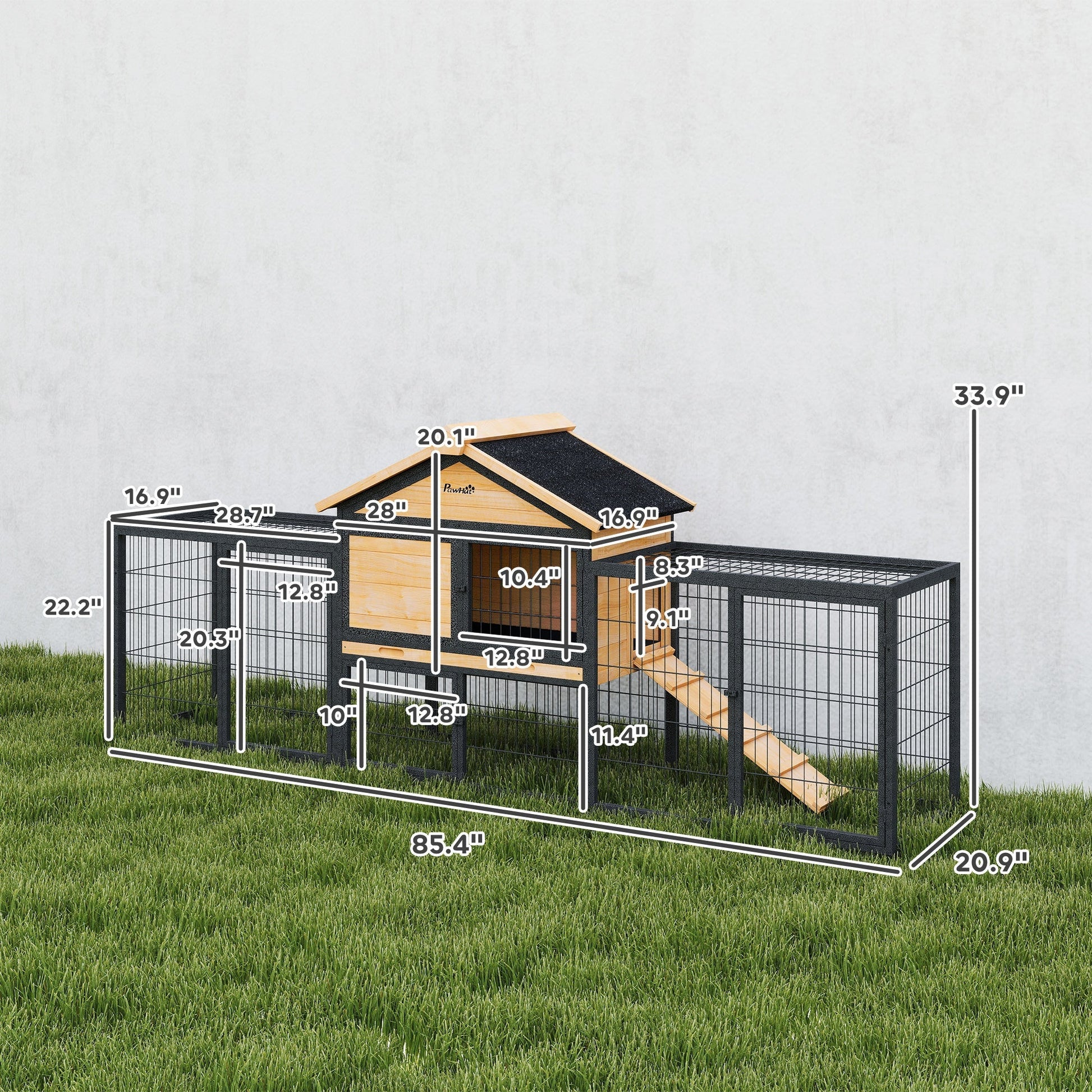 HKM-0031677 Large Outdoor Rabbit Hutch with Steel Run, Removable Tray, Asphalt Roof and Ramp, 85" Spacious Cage for 2-3 Rabbits