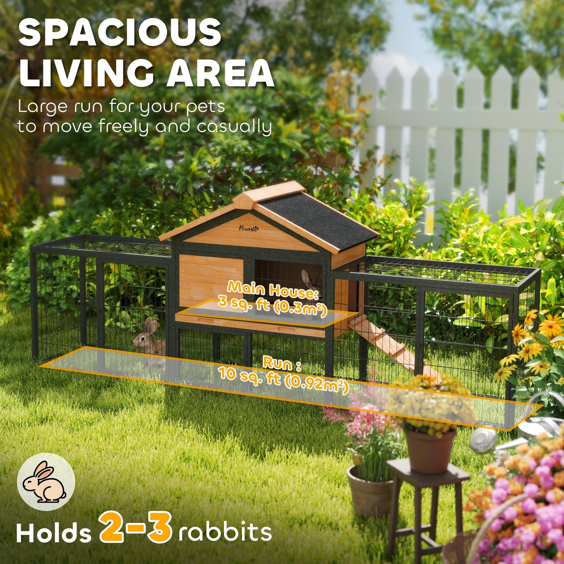 HKM-0031677 Large Outdoor Rabbit Hutch with Steel Run, Removable Tray, Asphalt Roof and Ramp, 85" Spacious Cage for 2-3 Rabbits