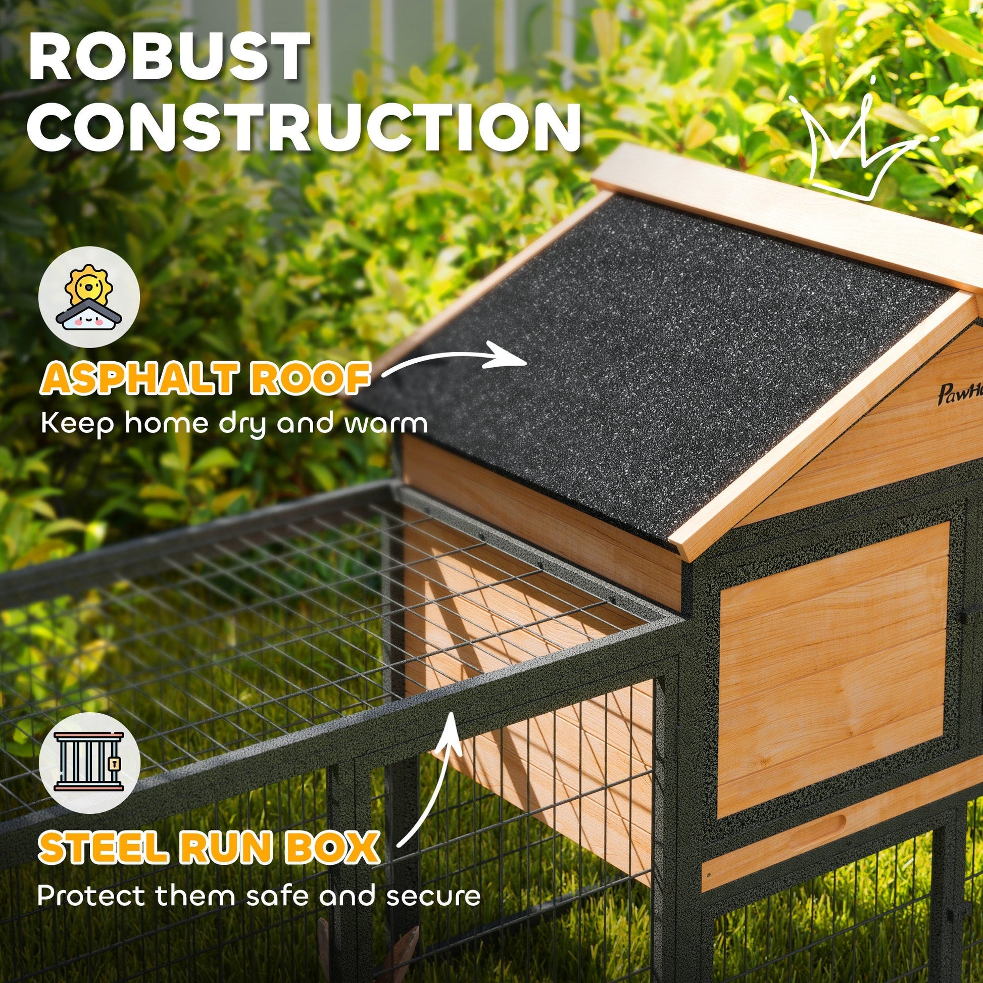 HKM-0031677 Large Outdoor Rabbit Hutch with Steel Run, Removable Tray, Asphalt Roof and Ramp, 85" Spacious Cage for 2-3 Rabbits