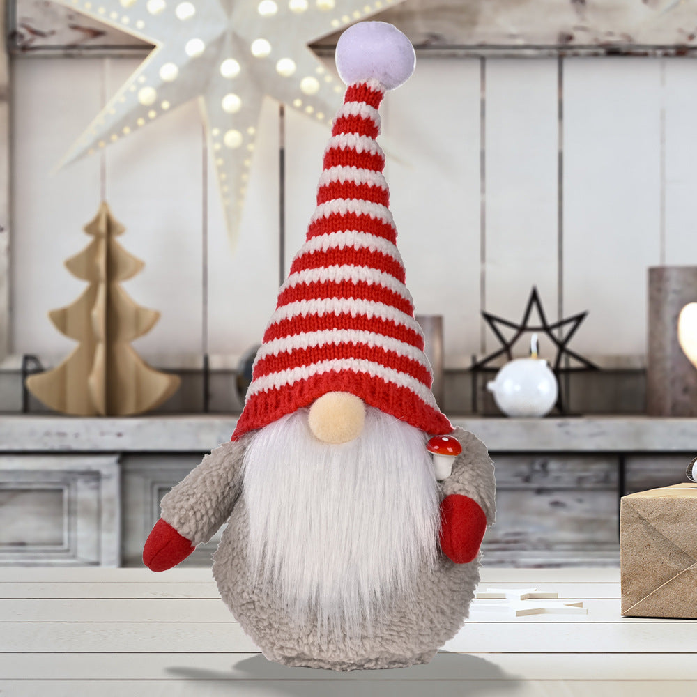 HKM-003219 Red and White Striped Knitted Hat with Dwarf Doll Accent for Holiday Cheer