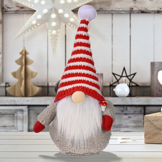 HKM-003219 Red and White Striped Knitted Hat with Dwarf Doll Accent for Holiday Cheer