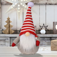 HKM-003219 Red and White Striped Knitted Hat with Dwarf Doll Accent for Holiday Cheer