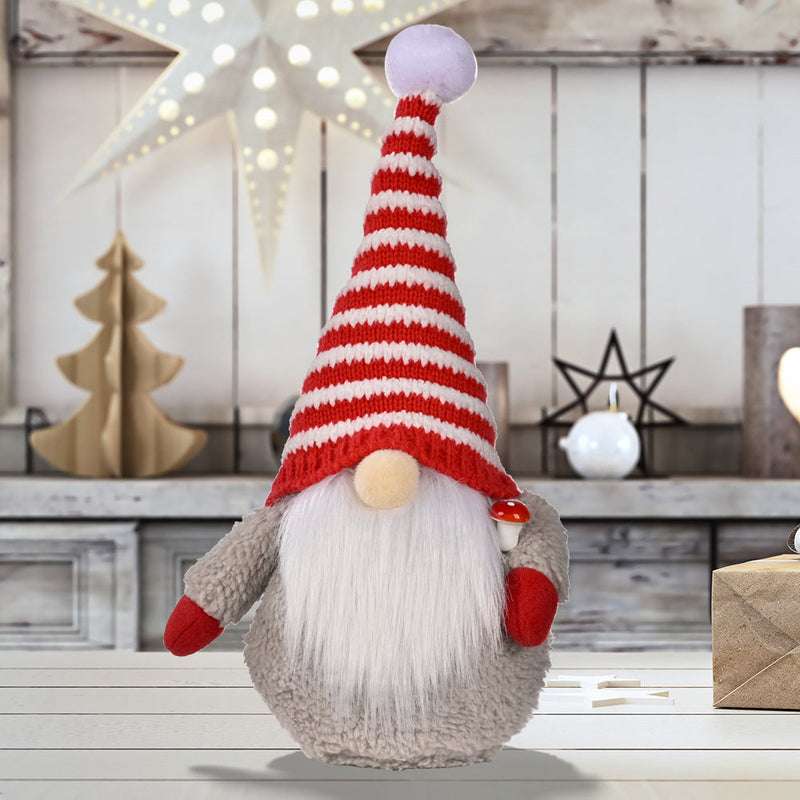 HKM-003219 Red and White Striped Knitted Hat with Dwarf Doll Accent for Holiday Cheer