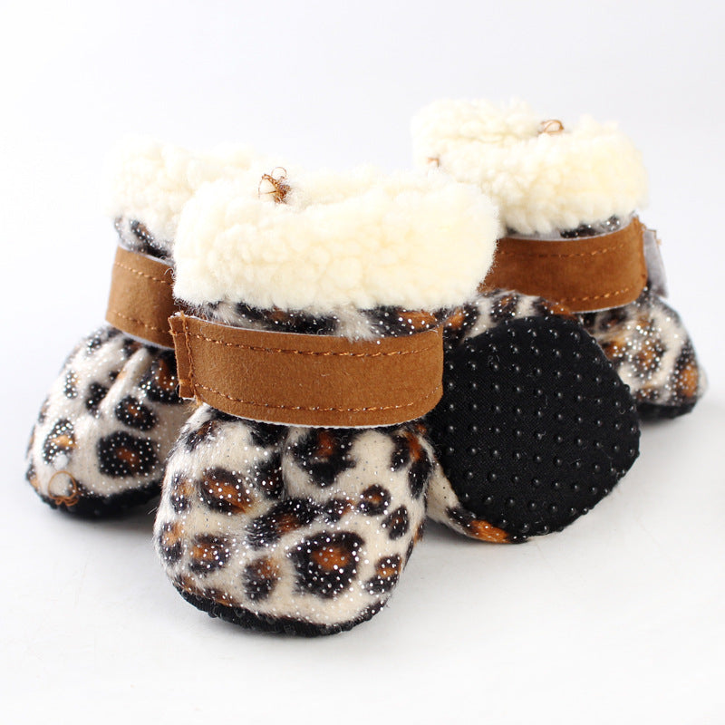 HKM-0034621 Waterproof Warm Dog Shoes in Blue, Leopard Print, Pink, and Red - Set of 4