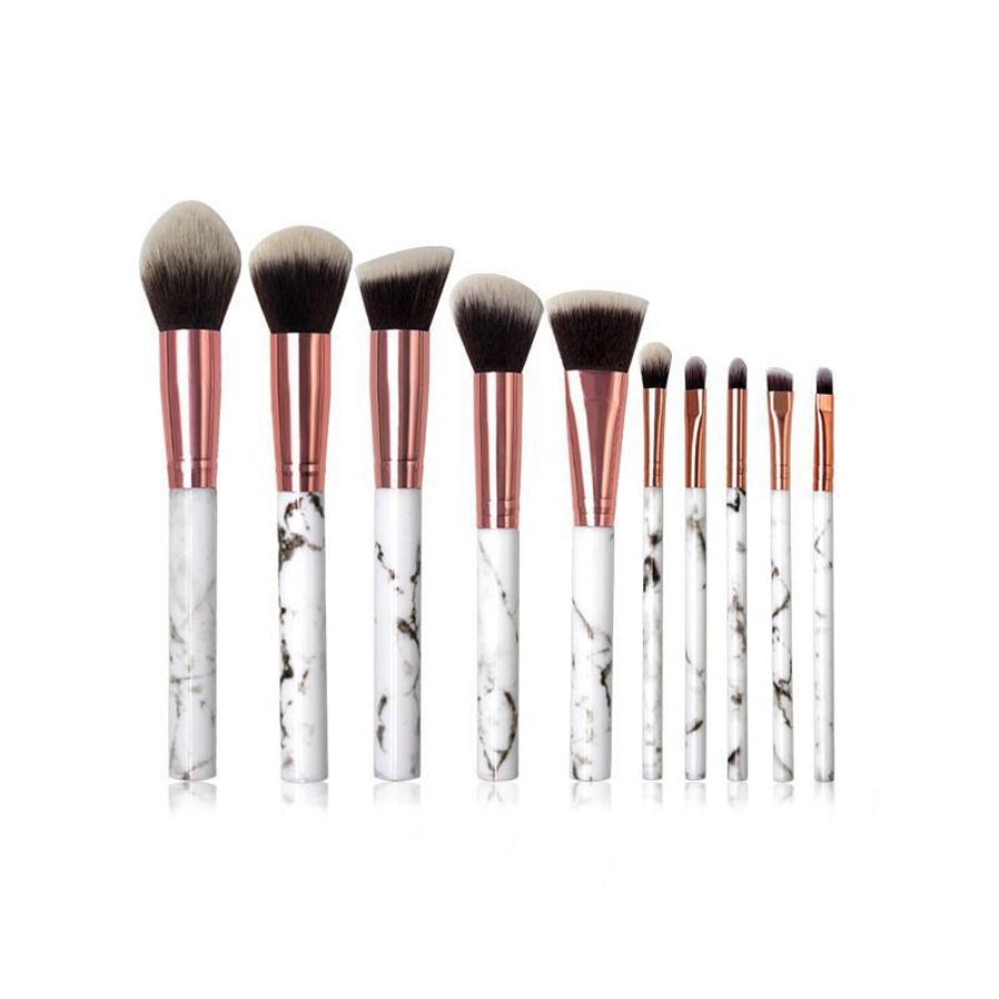 HKM-003475 Marble Makeup Brush Set - 10-Piece Tool Collection with Long Plastic Handles