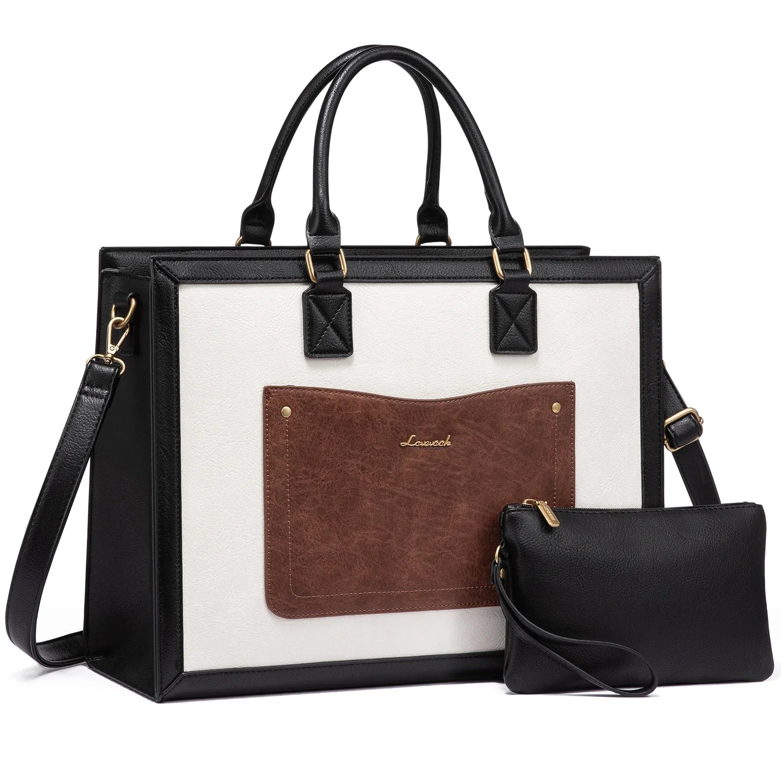 HKM-003795 Vintage PU Leather Laptop Tote Bag for 15.6-inch Laptop - Stylish Briefcase for Women