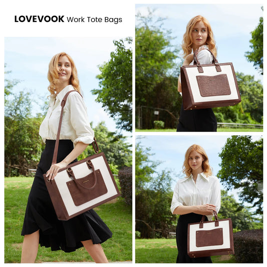 HKM-003795 Vintage PU Leather Laptop Tote Bag for 15.6-inch Laptop - Stylish Briefcase for Women