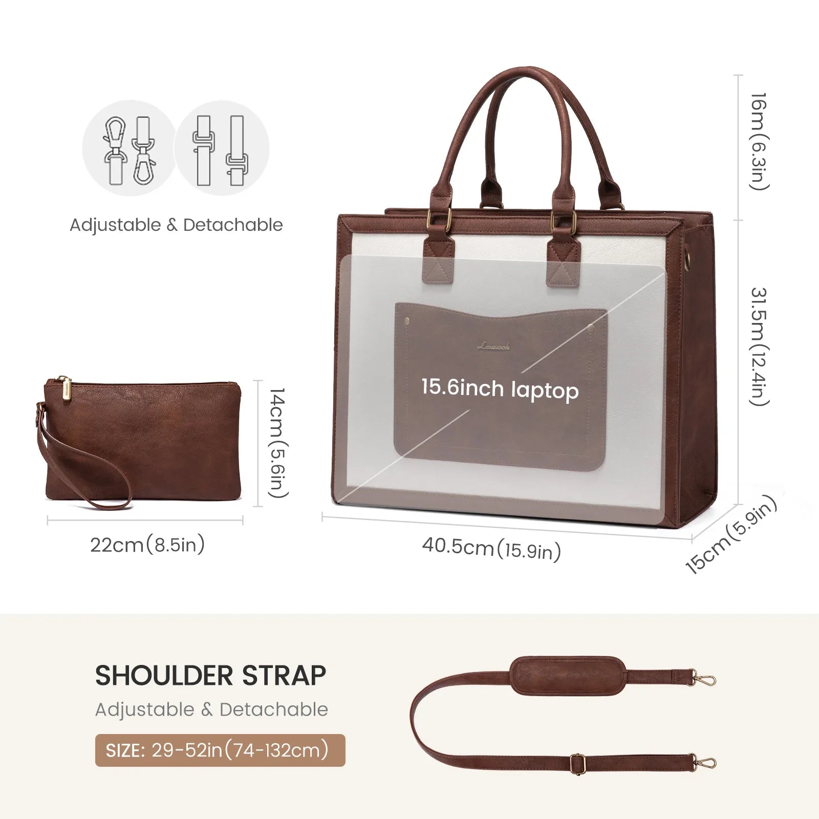 HKM-003795 Vintage PU Leather Laptop Tote Bag for 15.6-inch Laptop - Stylish Briefcase for Women