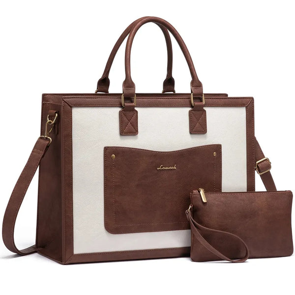 HKM-003795 Vintage PU Leather Laptop Tote Bag for 15.6-inch Laptop - Stylish Briefcase for Women