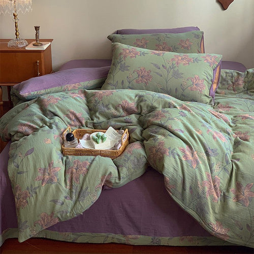 HKM-004051 French Yarn-Dyed Jacquard Cotton Gauze 4-Piece Bedding Set - Floral Design