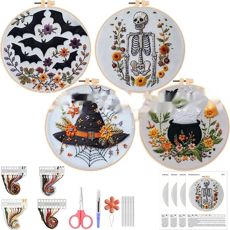 HKM-004243 Embroidery Skull Bat Design with Cotton and Linen Material – 15cm Bamboo Frame Included