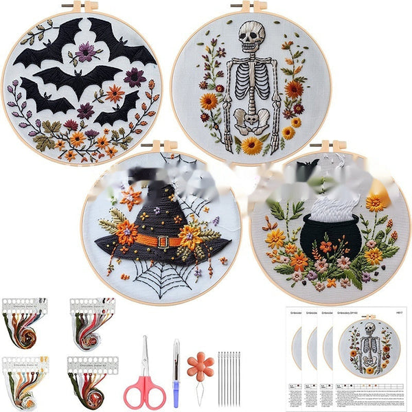 HKM-004243 Embroidery Skull Bat Design with Cotton and Linen Material – 15cm Bamboo Frame Included