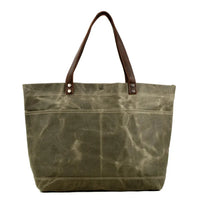 HKM-004307 Large Capacity Waxed Canvas Tote Bag with Genuine Leather Strap and Water-Resistant Design
