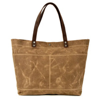HKM-004307 Large Capacity Waxed Canvas Tote Bag with Genuine Leather Strap and Water-Resistant Design