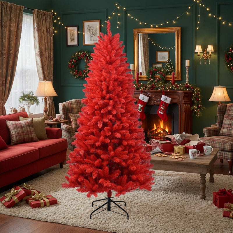HKM-004371 5FT Red Artificial Christmas Tree with 624 Tips, Hinged Branches and Stable Metal Stand for Holiday Decor