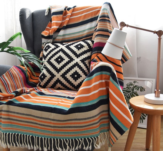HKM-004563 Indian Striped Tassel Blanket - Acrylic, 130x170cm, National Style for Spring & Autumn