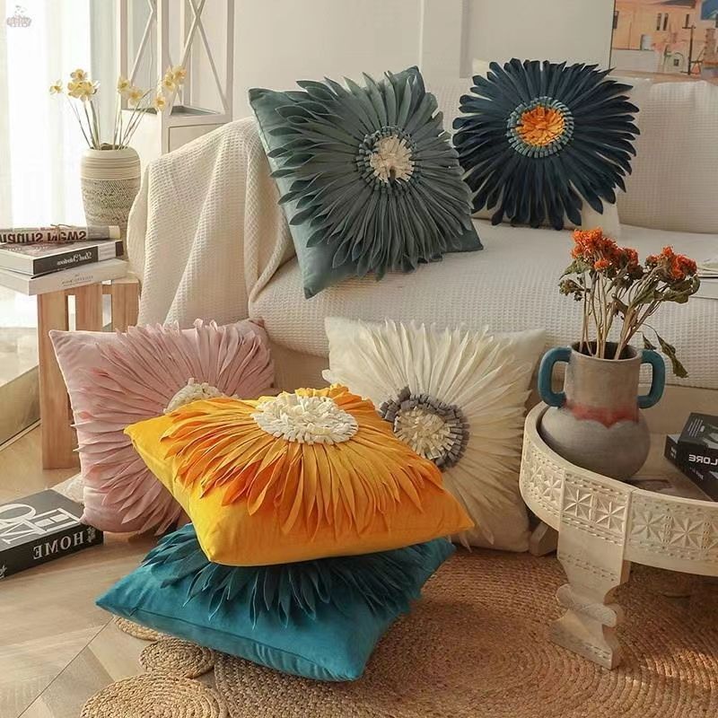 HKM-004627 Solid Color Square Chrysanthemum Throw Pillow Cover - Modern Design, 45x45cm, Various Colors Available