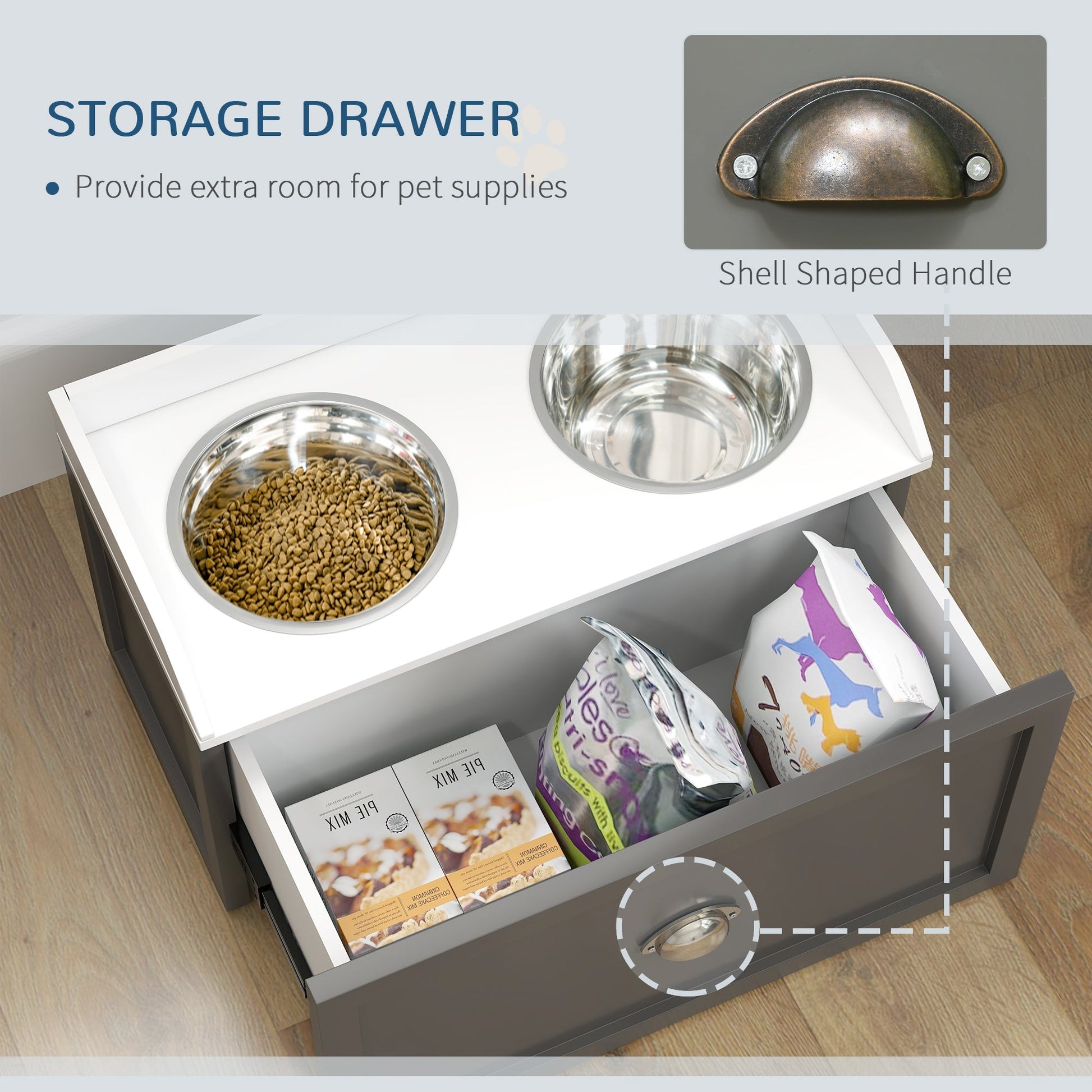 HKM-0049469 Elevated Pet Feeding Station with Storage, 2 Stainless Steel Bowls for Large Dogs, Gray
