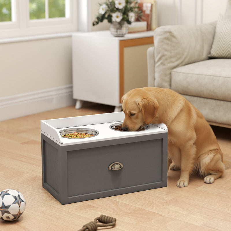 HKM-0049469 Elevated Pet Feeding Station with Storage, 2 Stainless Steel Bowls for Large Dogs, Gray