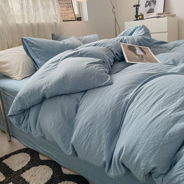 HKM-005203 Solid Color Washed Cotton Duvet Cover 4-Piece Bed Set with Fitted Sheet and Pillowcases