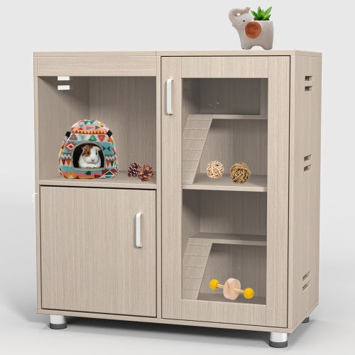 HKM-0052925 4-Tier Wooden Guinea Pig and Hamster Cage with Lockers and Acrylic Windows