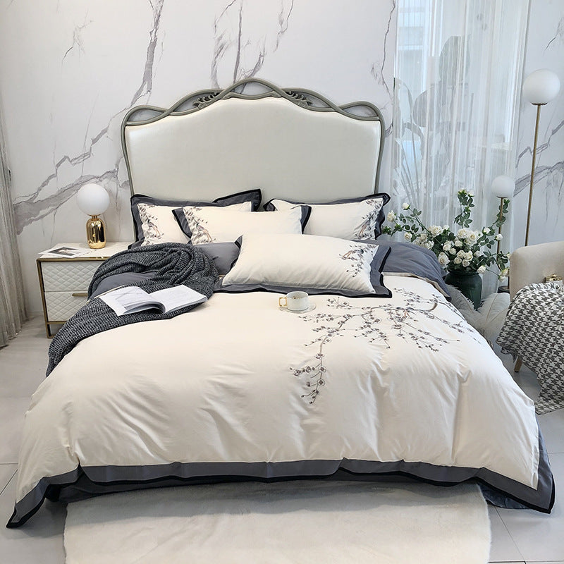 HKM-005395 100-Thread Count Long-Staple Cotton Four-Piece Bedding Set with Plant and Flower Design