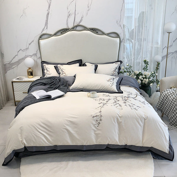 HKM-005395 100-Thread Count Long-Staple Cotton Four-Piece Bedding Set with Plant and Flower Design