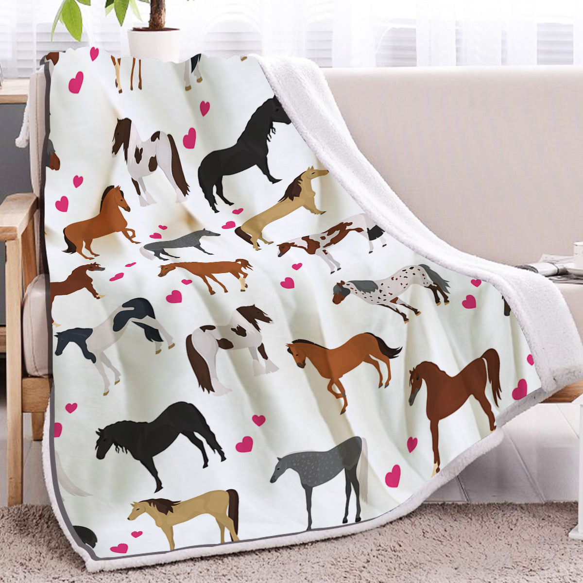 HKM-005395 Soft Lamb Wool Fleece Blanket with Heart and Horse Design - Versatile for Home, Office, and Outdoor Use