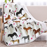 HKM-005395 Soft Lamb Wool Fleece Blanket with Heart and Horse Design - Versatile for Home, Office, and Outdoor Use