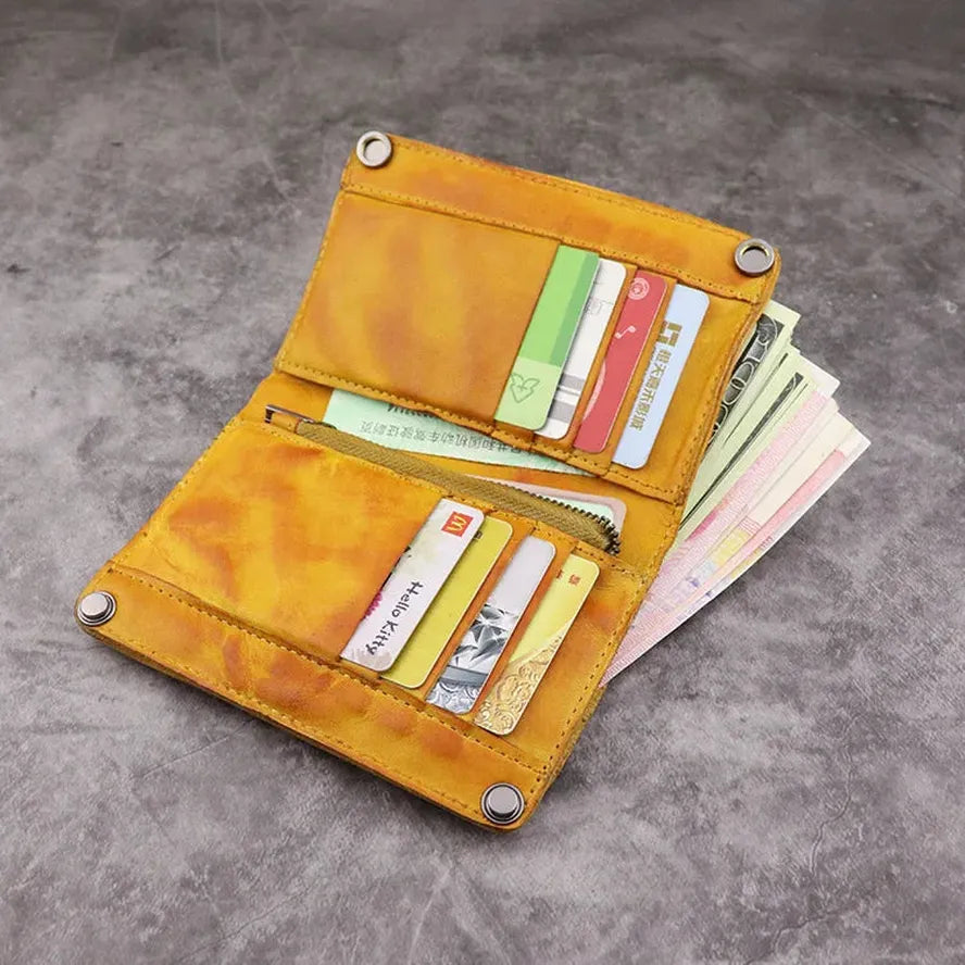 HKM-005459 Genuine Leather Retro Long Wallet for Men with Multi Card Slots and Zip Closure