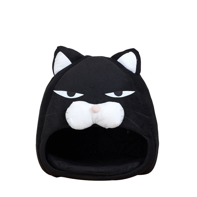 HKM-0055101 Black Cat Cartoon Thermal Nest for Dogs - Soft Cloth Pet Kennel in Medium and Small Sizes
