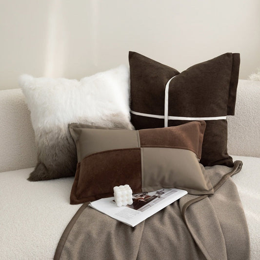 HKM-005715 Vintage Flannel Pillow Cover Set with Rex Rabbit Fur and Suede Accents, Multiple Sizes