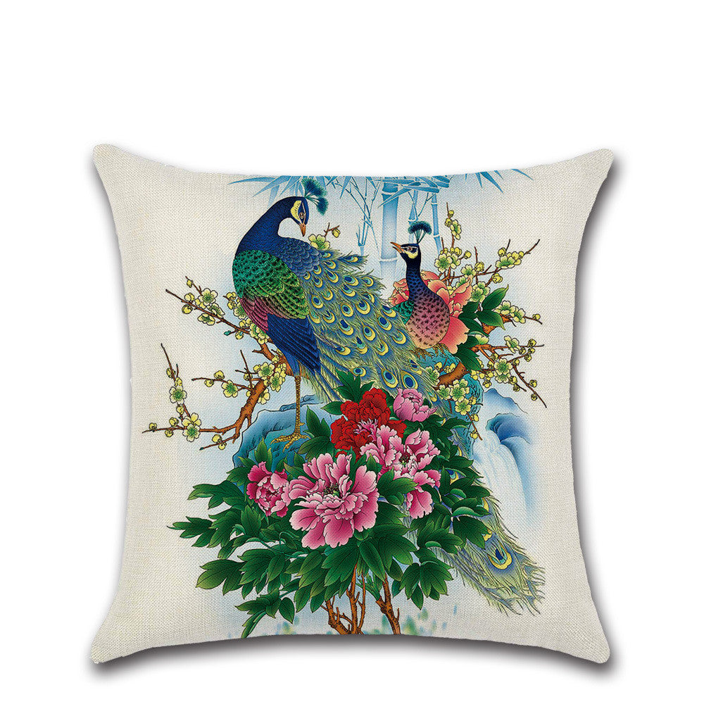HKM-006099 Peacock Feather Print Linen Cushion Cover - Modern Cartoon Style 45x45cm