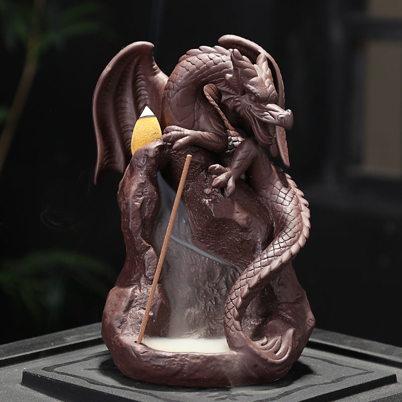 HKM-006483 Ceramic Incense Burner with Flying Dragon and Mountain Water Design, 11cm Long and 15cm High