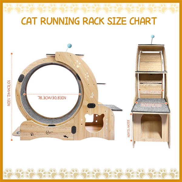 HKM-0066237 Indoor Cat Exercise Wheel - 6-in-1 Sports Device for Active Cats, Heavy-Duty Wood Design, Smooth Silent Operation, Safe for Pets