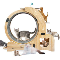 HKM-0066237 Indoor Cat Exercise Wheel - 6-in-1 Sports Device for Active Cats, Heavy-Duty Wood Design, Smooth Silent Operation, Safe for Pets