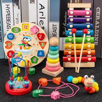 HKM-006675 Montessori Wooden Animal Math Clock and Musical Instrument Educational Toy Set for Kids