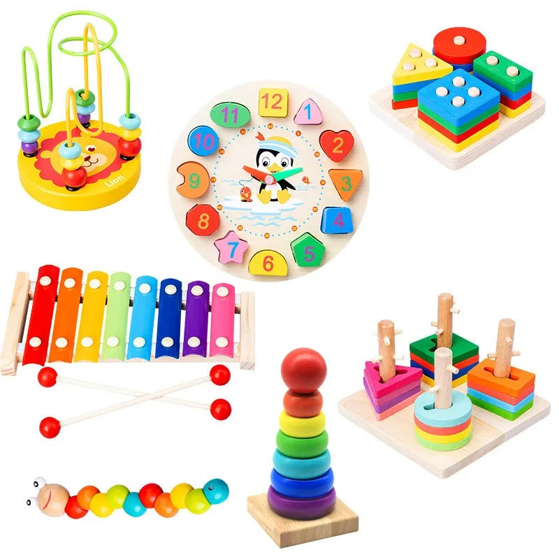 HKM-006675 Montessori Wooden Animal Math Clock and Musical Instrument Educational Toy Set for Kids