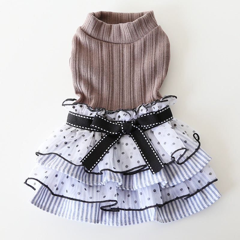 HKM-0071101 Polka Dot Lace Princess Dress for Pets in Taro Purple, Charcoal Black, and Iced Coffee