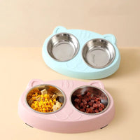 HKM-0073789 Double Pet Feeder Bowl Tray for Cats and Dogs - Plastic Food and Water Dish