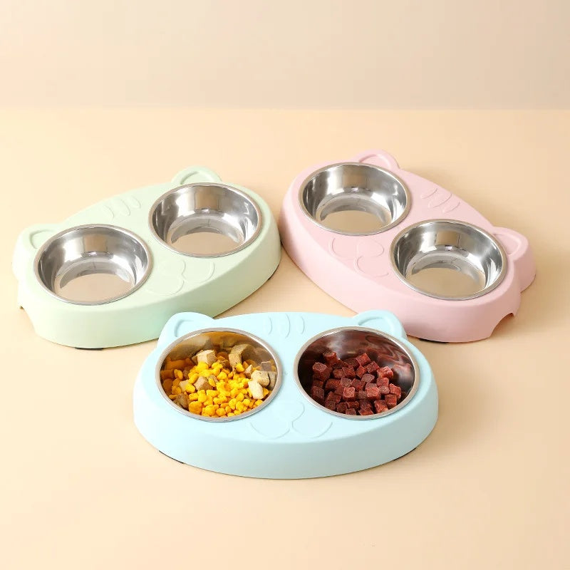 HKM-0073789 Double Pet Feeder Bowl Tray for Cats and Dogs - Plastic Food and Water Dish