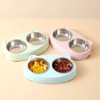 HKM-0073789 Double Pet Feeder Bowl Tray for Cats and Dogs - Plastic Food and Water Dish