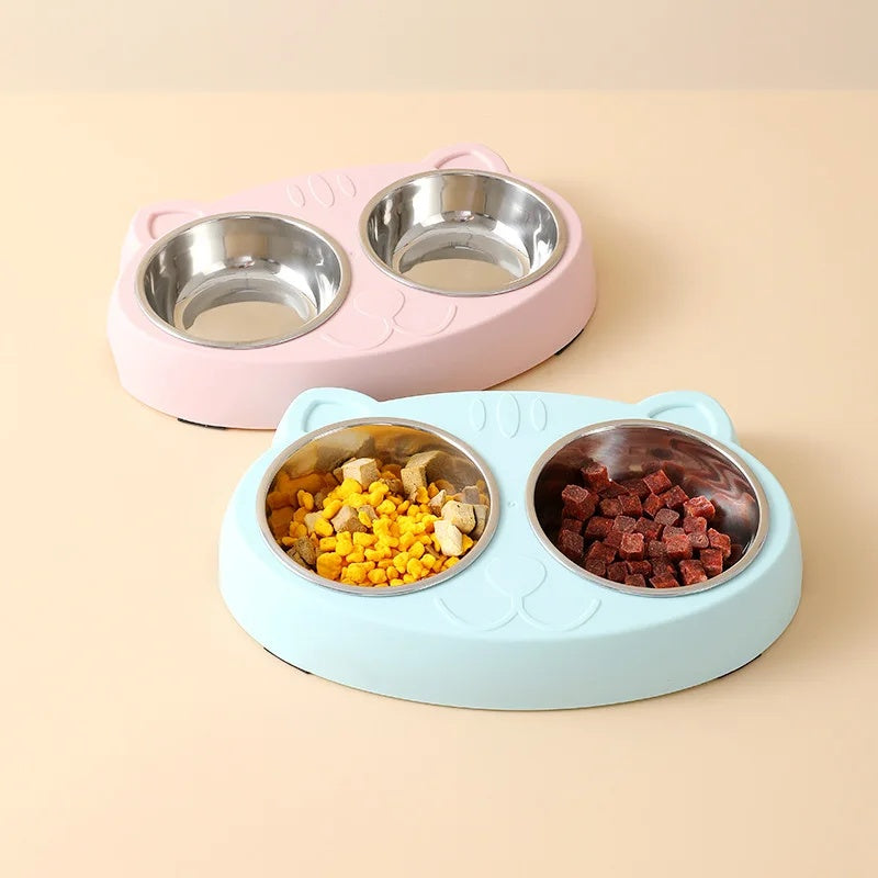 HKM-0073789 Double Pet Feeder Bowl Tray for Cats and Dogs - Plastic Food and Water Dish
