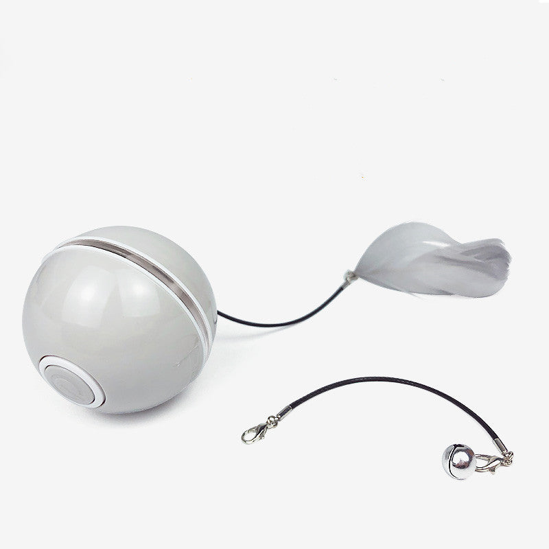 HKM-008211 LED Cat Laser Toy Ball with Replaceable Feather - USB Rechargeable Rolling Play Ball for Pet Fun