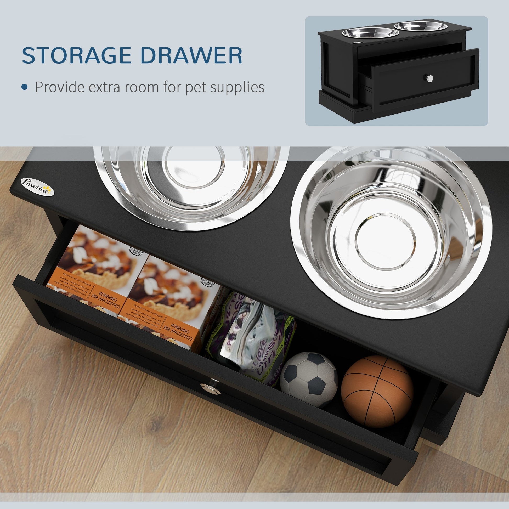HKM-0082237 Large Elevated Dog Bowls with Storage Drawer for Large Dogs - Stainless Steel Bowls, Easy to Clean, Modern Design